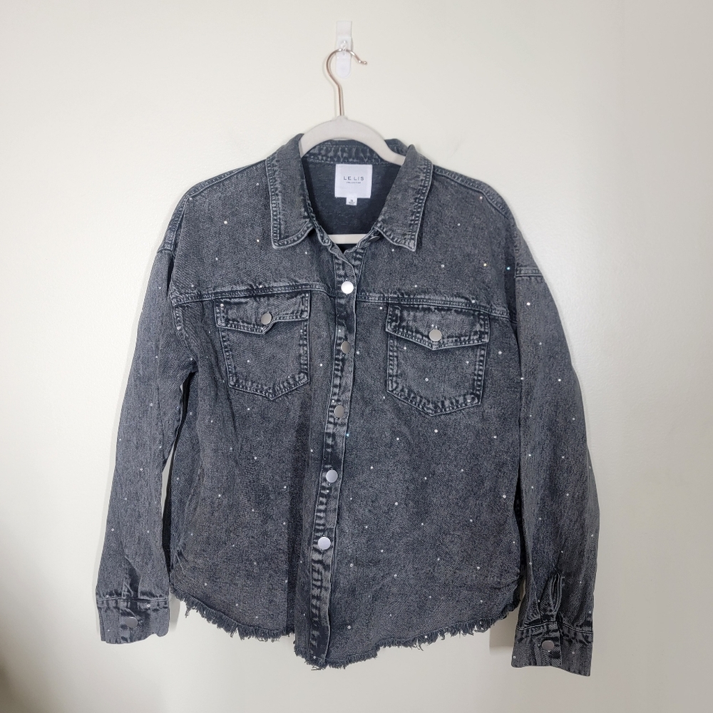 Le Lis Rhinestone Black Denim Jacket Size Medium